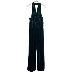 Skies Are Blue Velvet Jumpsuit M Hunter Green Halter Cowl Neck Wide Leg Stretch